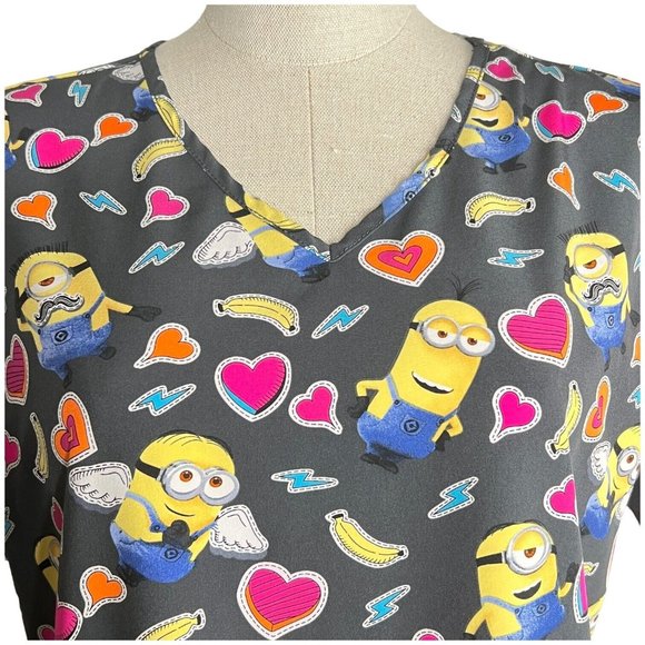 Despicable Me Minion Scrub Top Women Size M Hearts V Neck Uniform Kids Character - Picture 1 of 7